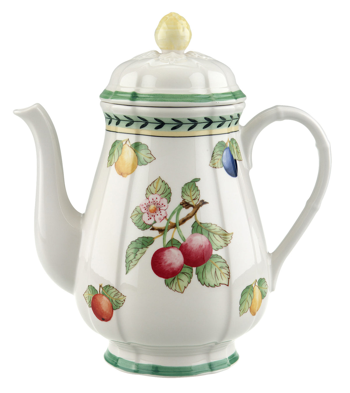 Front view of French Garden Fleurence Coffeepot in Multi showcasing floral fruit motifs and green trim with a white background