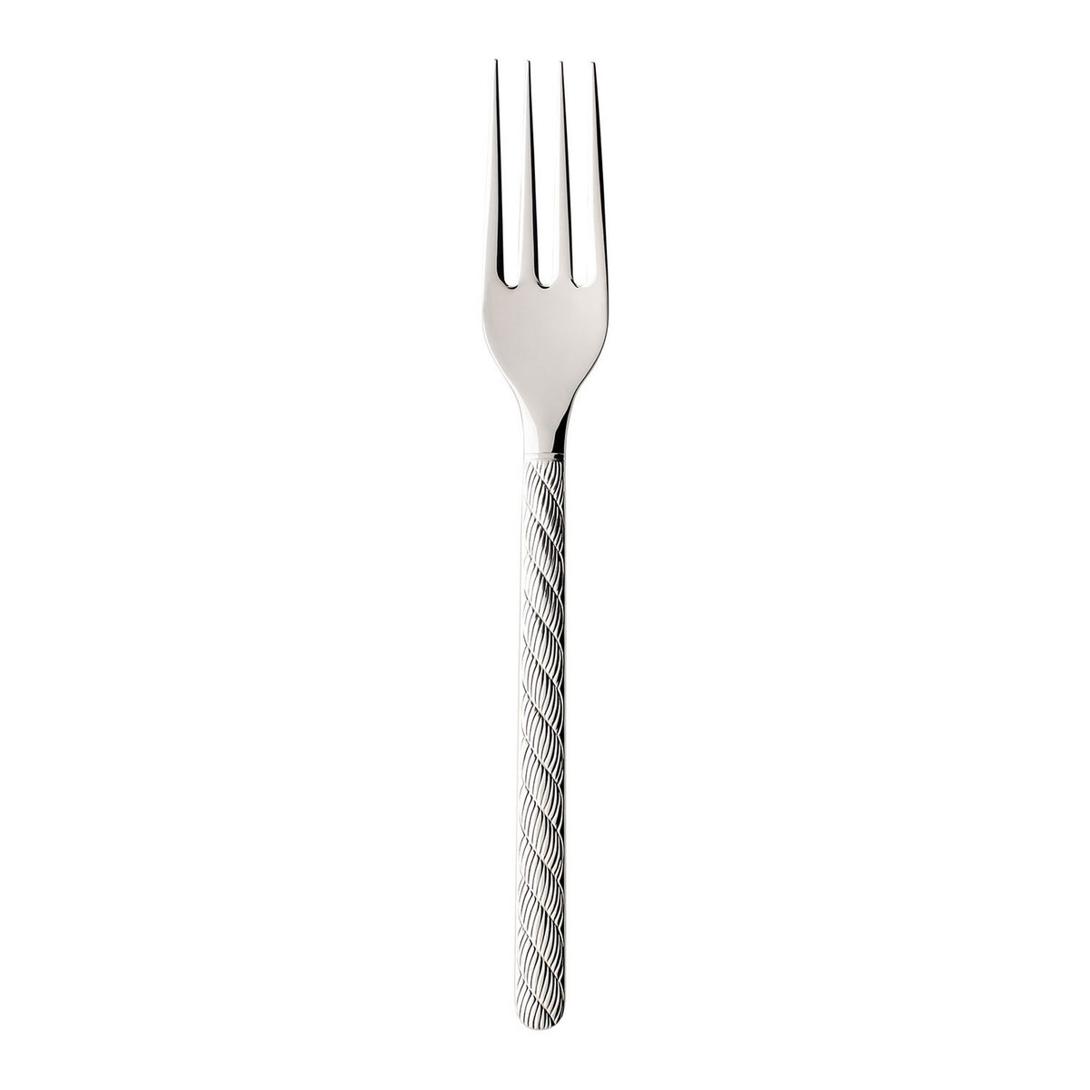 Front view of Montauk serving fork showcasing polished stainless steel and patterned handle on a white background