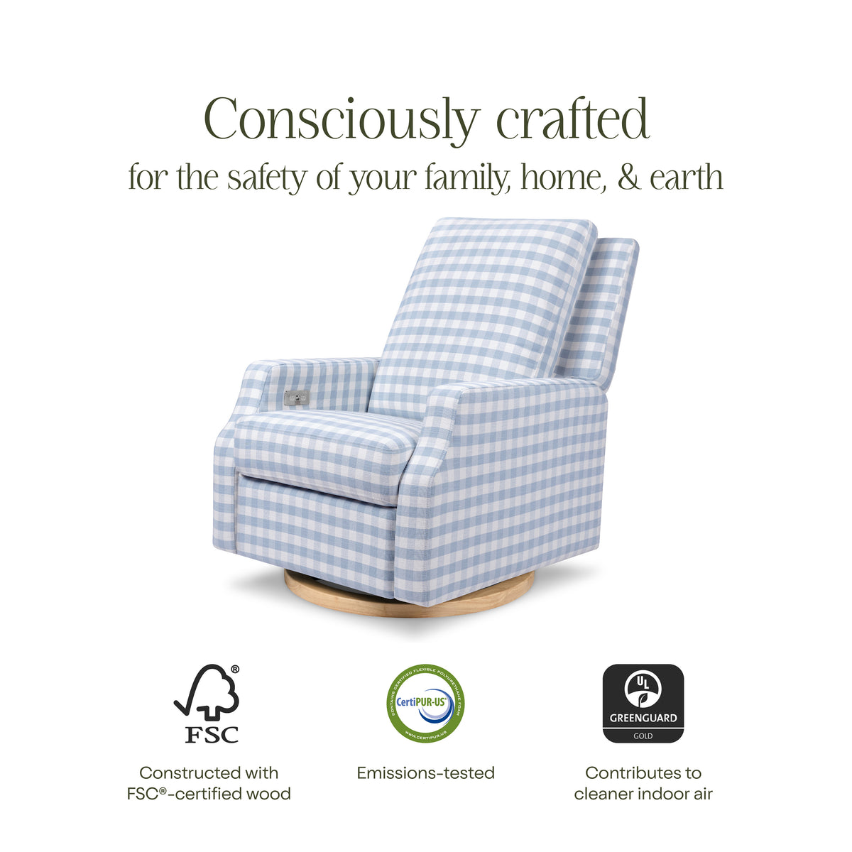 Crewe Electronic Recliner and Swivel Glider in Blue Gingham with Light Wood Base