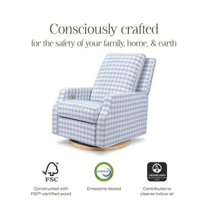 Crewe Electronic Recliner and Swivel Glider in Blue Gingham with Light Wood Base