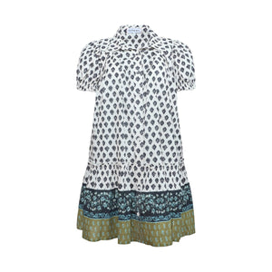 Front view of Drifter Mini Dress in Thistle & Vine Cream with collared neckline, button front, puff sleeves, and flounce hem