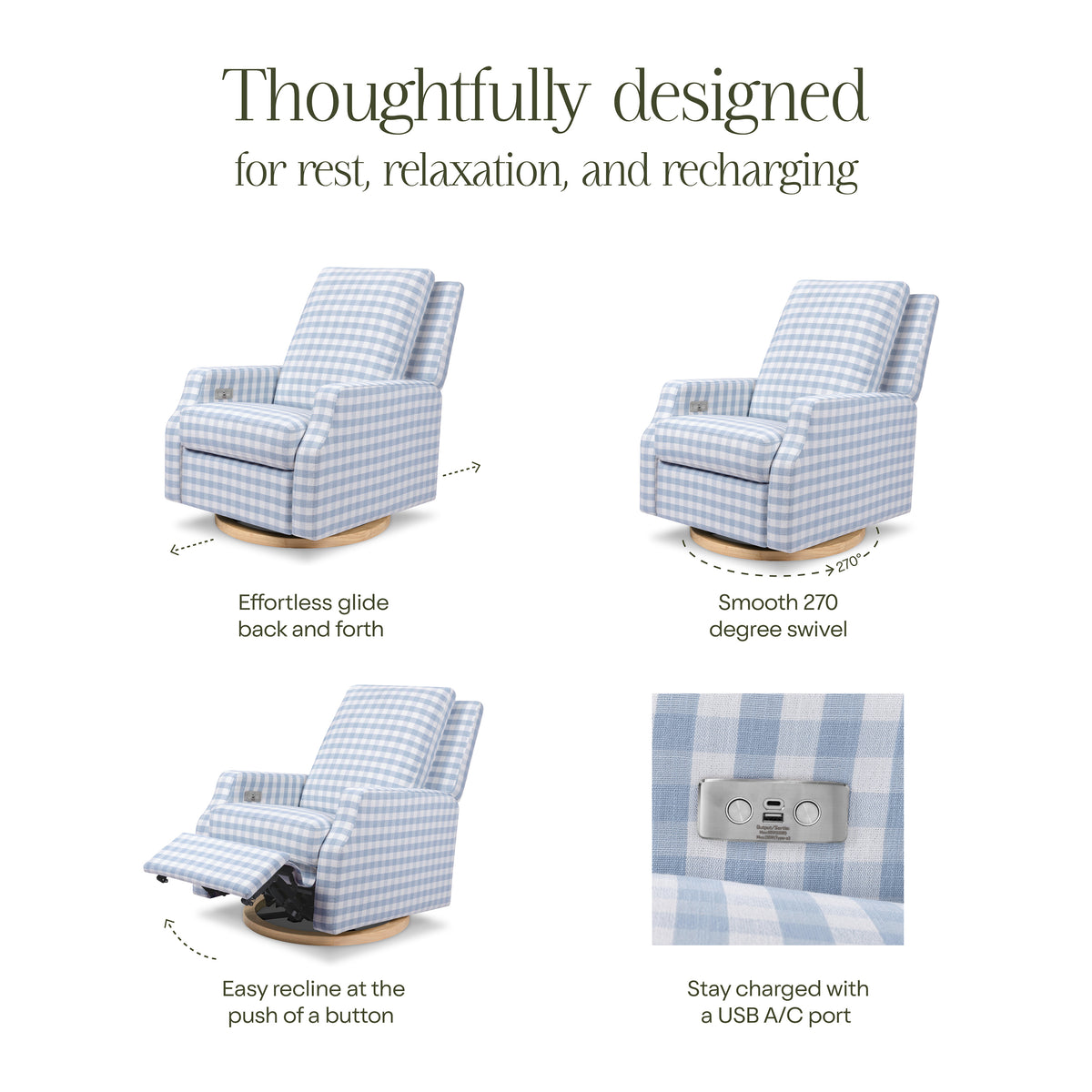 Crewe Electronic Recliner and Swivel Glider in Blue Gingham with Light Wood Base