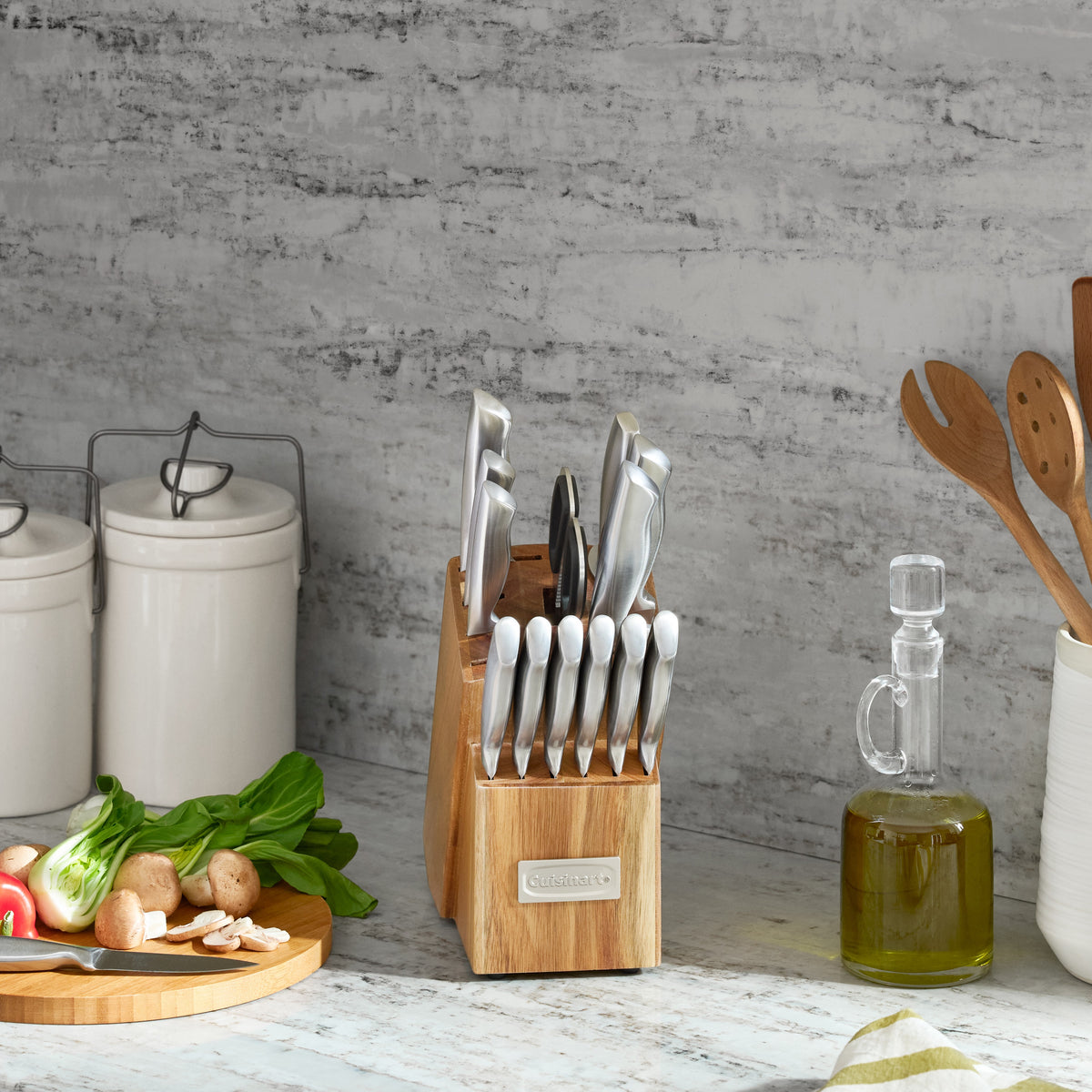 15-Piece Elite Series Stainless Steel Block Set with Acacia Block in Stainless Steel