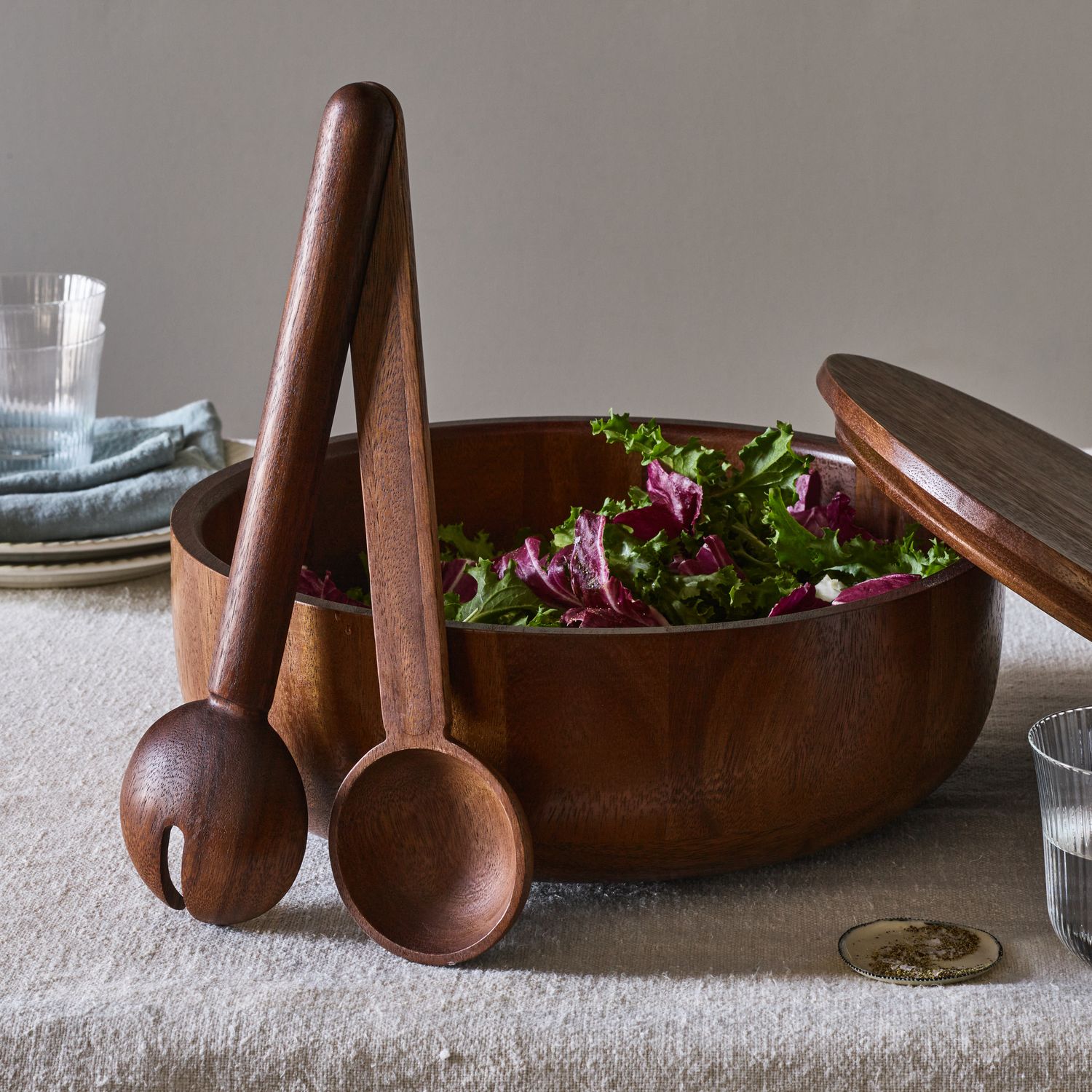 Covered Walnut Salad Bowl & Magnetic Servers