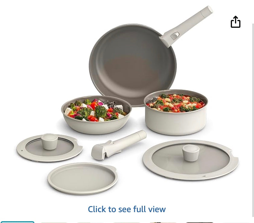 bella 8 Piece Cookware Set, Fits-anywhere™ Kitchenware w EverGood™ Ceramic Nonstick Coating, Removable Handles, Dishwasher & Oven Safe, All Stovetops Compatible, Glass Lids w Silicone Rims, Oatmilk