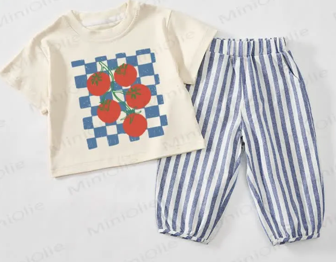 Baby Toddler Checkered Tomato Beige&Blue Vertical Striped 2-piece Set- 6- 12 months