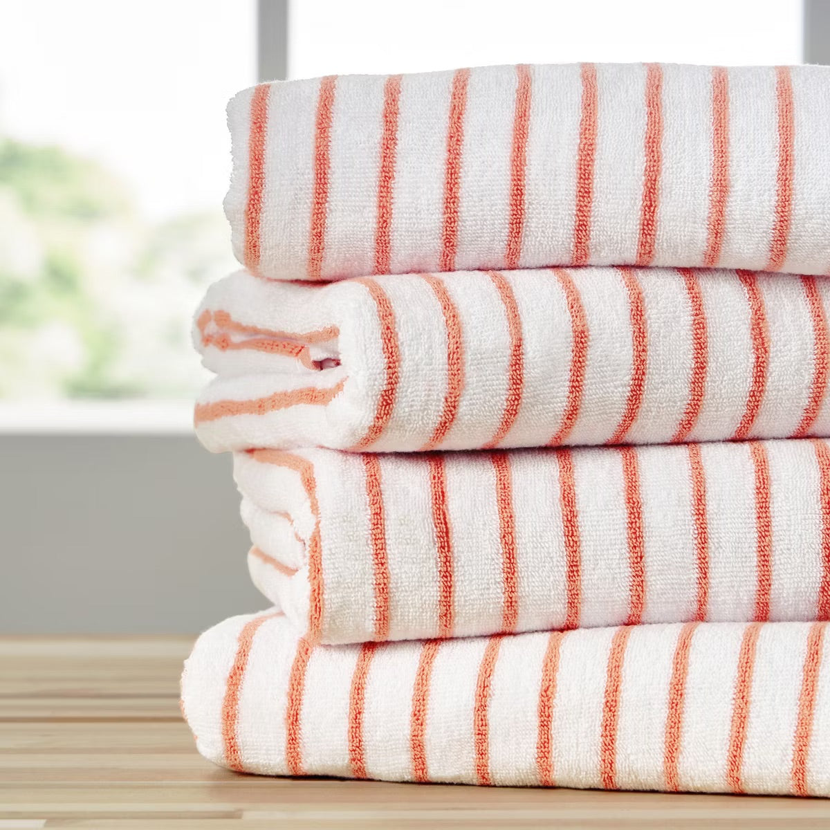 Cabana Stripe 100% Cotton Pool and Beach Towels - Oversized, Absorbent, Quick-Dry Towels - Becky Cameron, Coral, Pack of 4