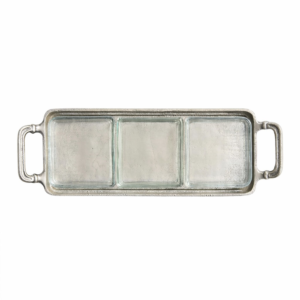 Argento Antique Metal Rectangular Tray with Divided Glass Bowls