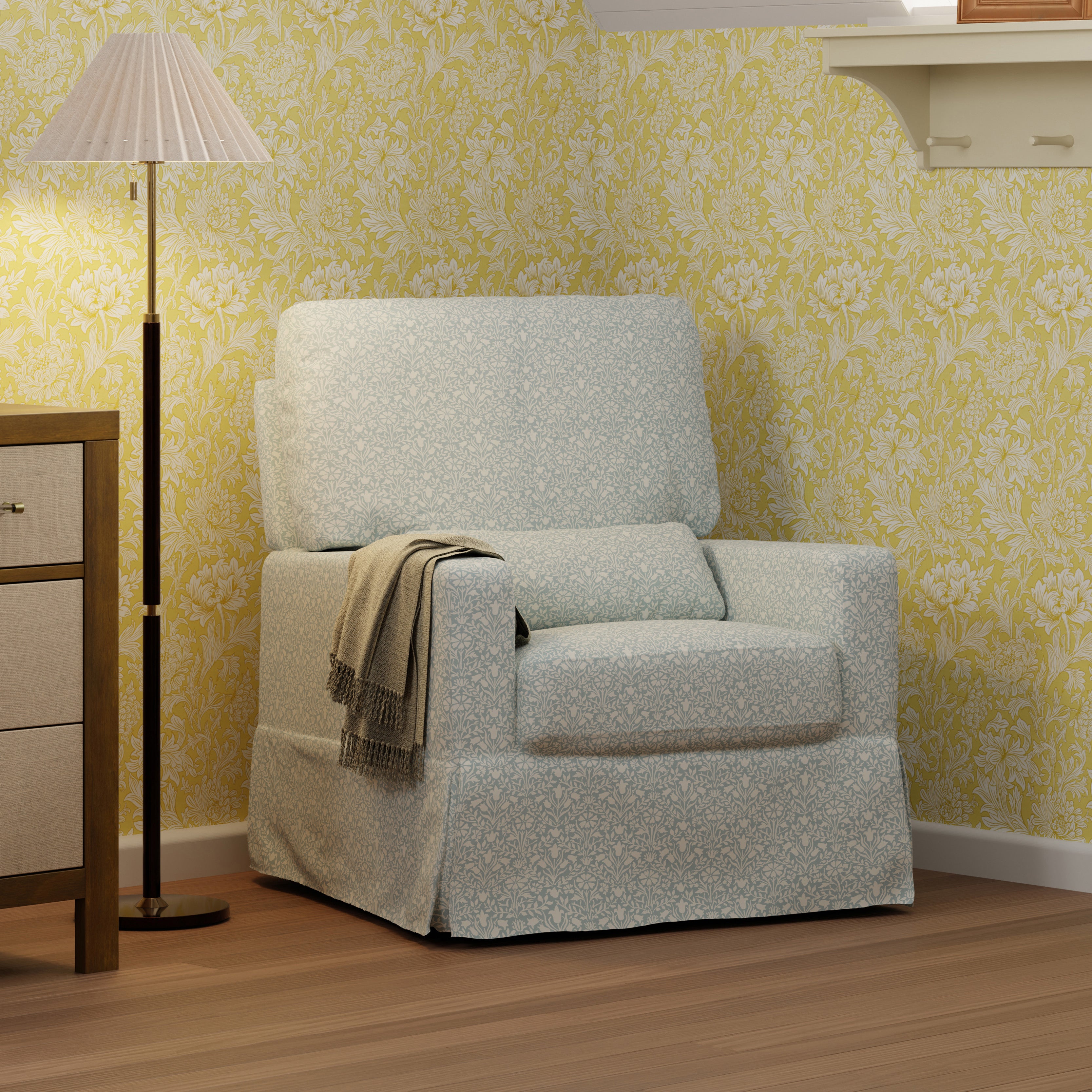 Morris & Co. x Namesake Crawford Pillowback Comfort Swivel Glider Bellflowers in Powdered Blue