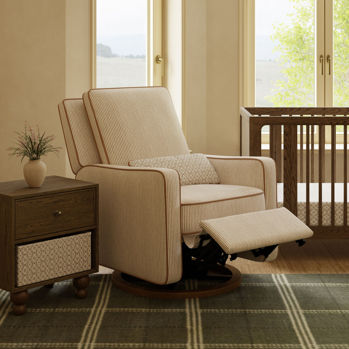 Sigi Electronic Recliner and Glider with USB Port by Nate Berkus in Performance Bronze Stripe Eco-Crossweave with Toffee Base