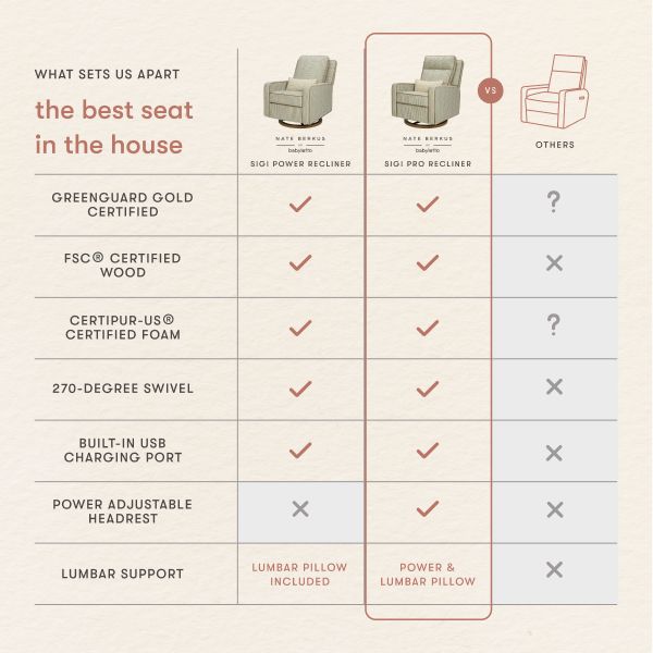 Comparison chart showing Sigi Pro offers certifications, swivel, USB, power headrest and lumbar support