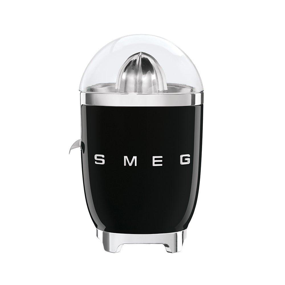 Front view of SMEG citrus juicer showcasing black die-cast aluminum body, chrome accents, and clear dome on white background