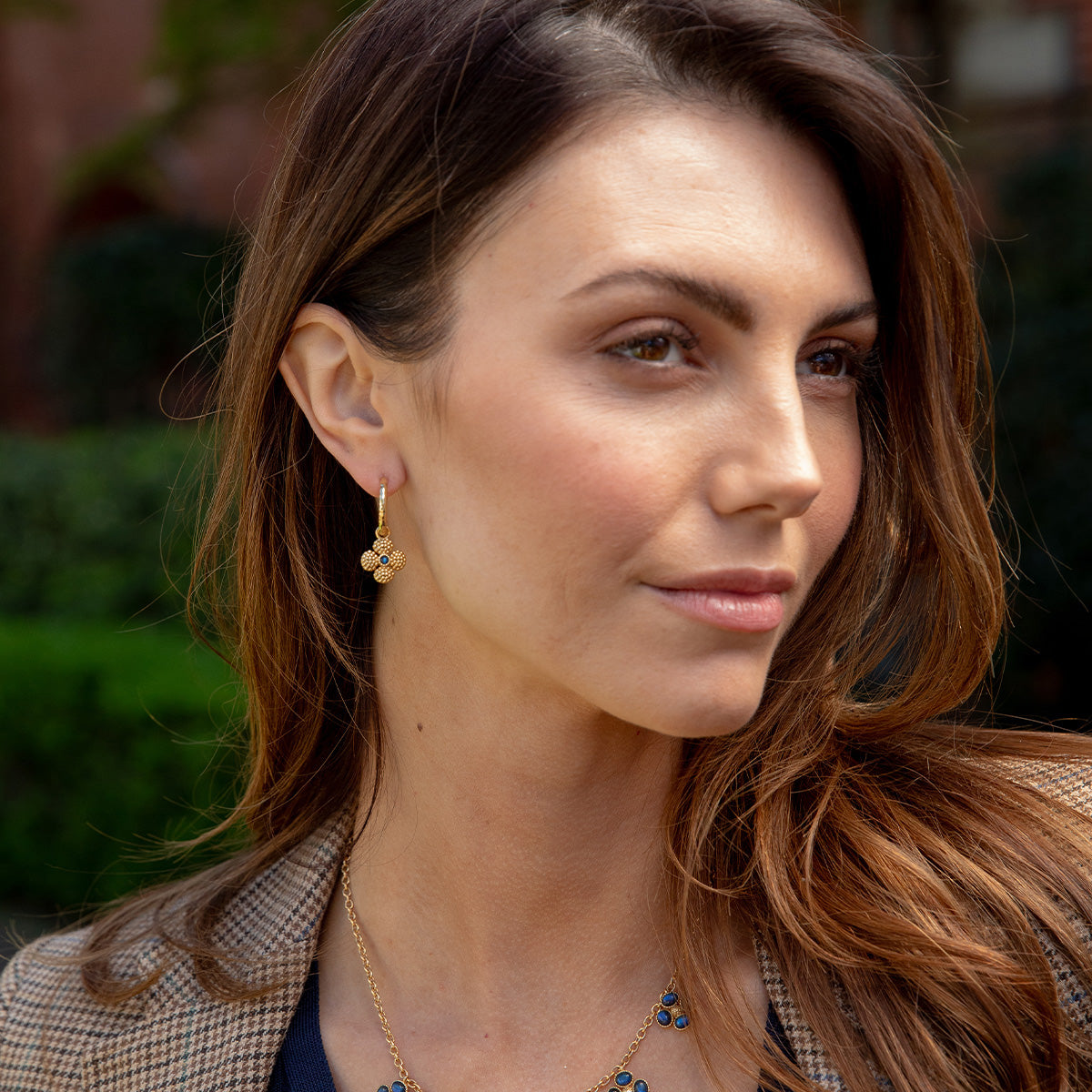 Berry Clover Hoop Earrings with Double Sided Charm in Blue Labradorite