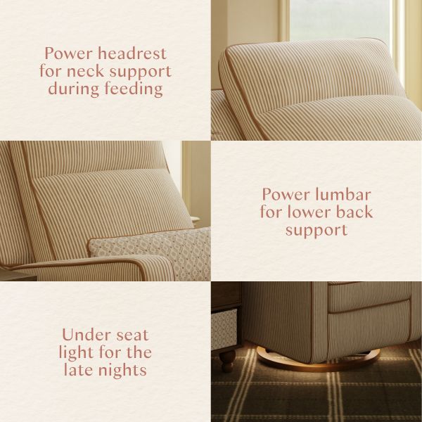 Product feature collage showing power headrest, power lumbar support, and under seat light for feeding and late nights