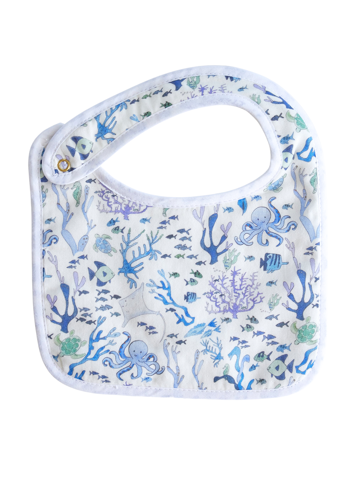 Top down view of Coral Reef bib showcasing blue and green coral and sea creature print on white muslin with white terry trim