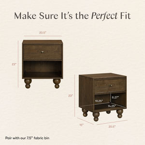 Make sure it’s the perfect fit: Astre nightstand is 23 inches high, 20.5 inches wide, 15 inches deep, with a 7.5-inch bin