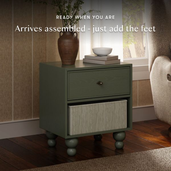 Front view of Astre assembled nightstand by Nate Berkus in Archival Elm with ribbed door and round feet, arrives assembled