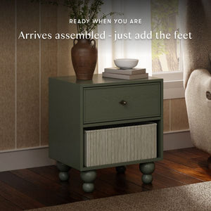 Front view of Astre assembled nightstand by Nate Berkus in Archival Elm with ribbed door and round feet, arrives assembled