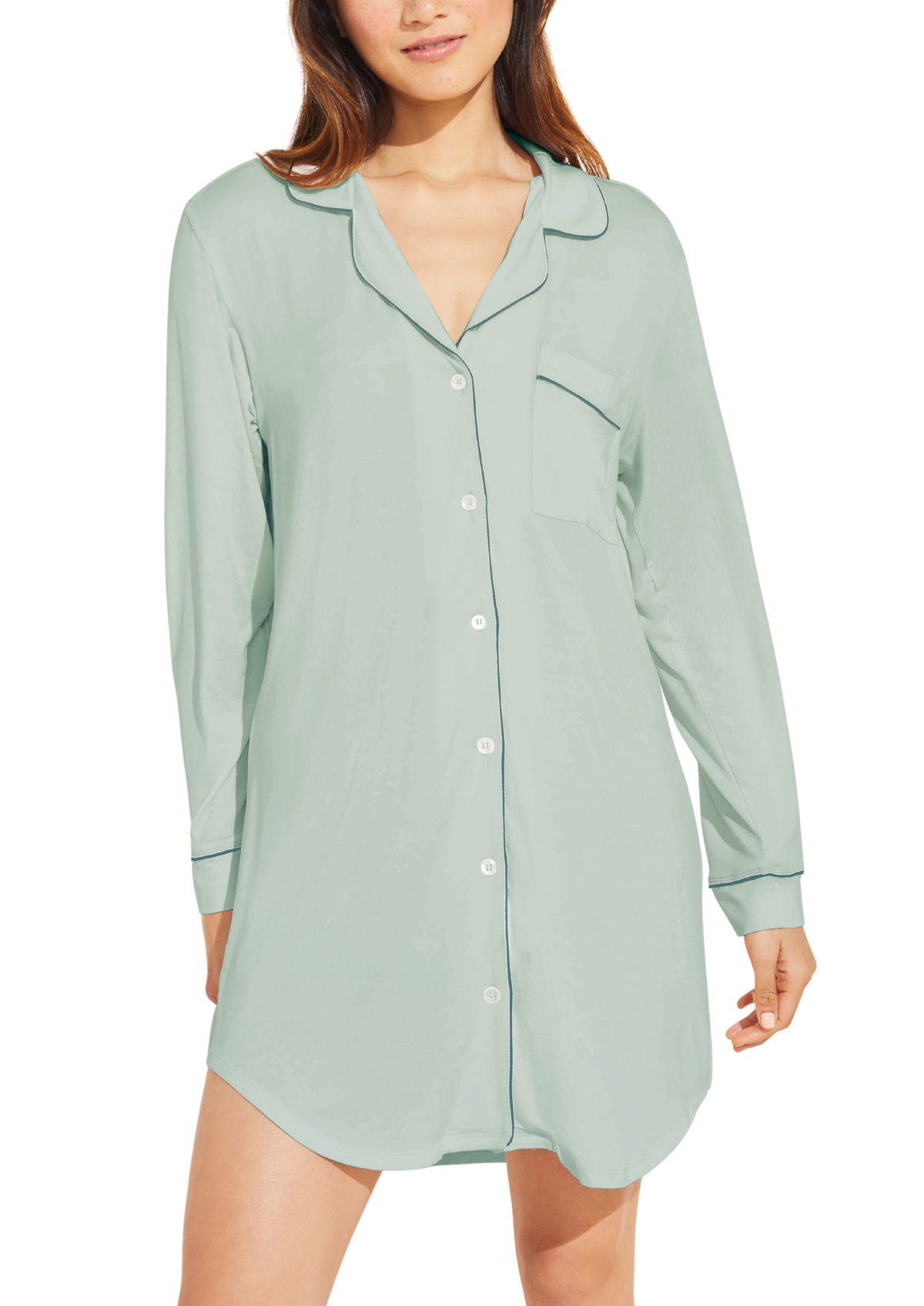 Front view of Gisele Sleepshirt in Surf Spray/Agave with button front, notch collar, pocket, and contrast piping on black
