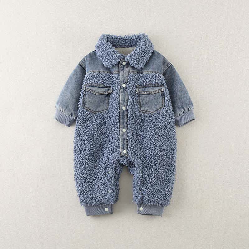 Baby Denim Blue Warm Fleece Romper - 6-12M