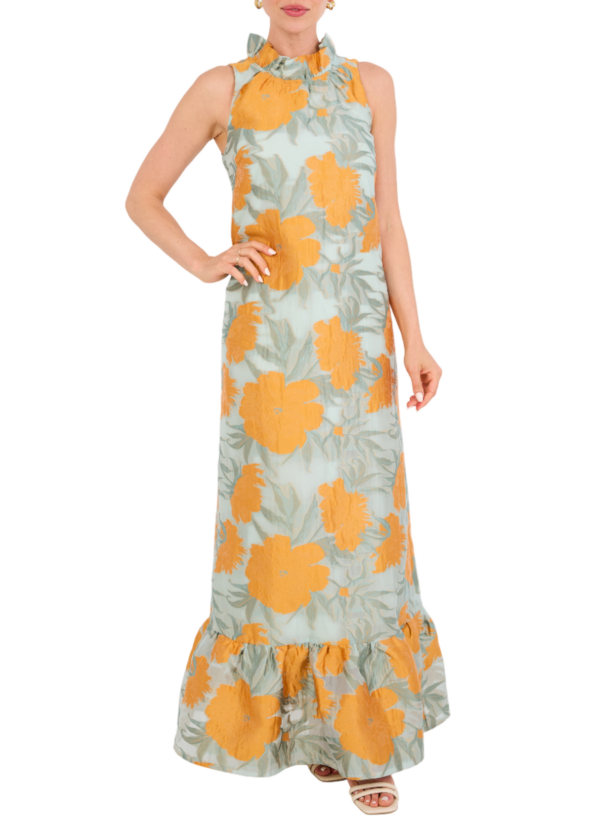 Front view of Camille Gown in Mint Pansy Vine Organza showcasing ruffle neckline on white background