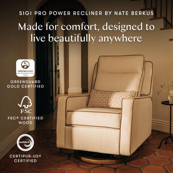 Front view, Sigi Pro Power Recliner in cream linen with toffee base, made for comfort and designed for beautiful living anywhere