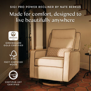 Front view, Sigi Pro Power Recliner in cream linen with toffee base, made for comfort and designed for beautiful living anywhere