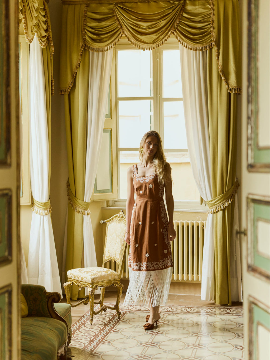 Hannah Dress in Marigold Honey Embroidery