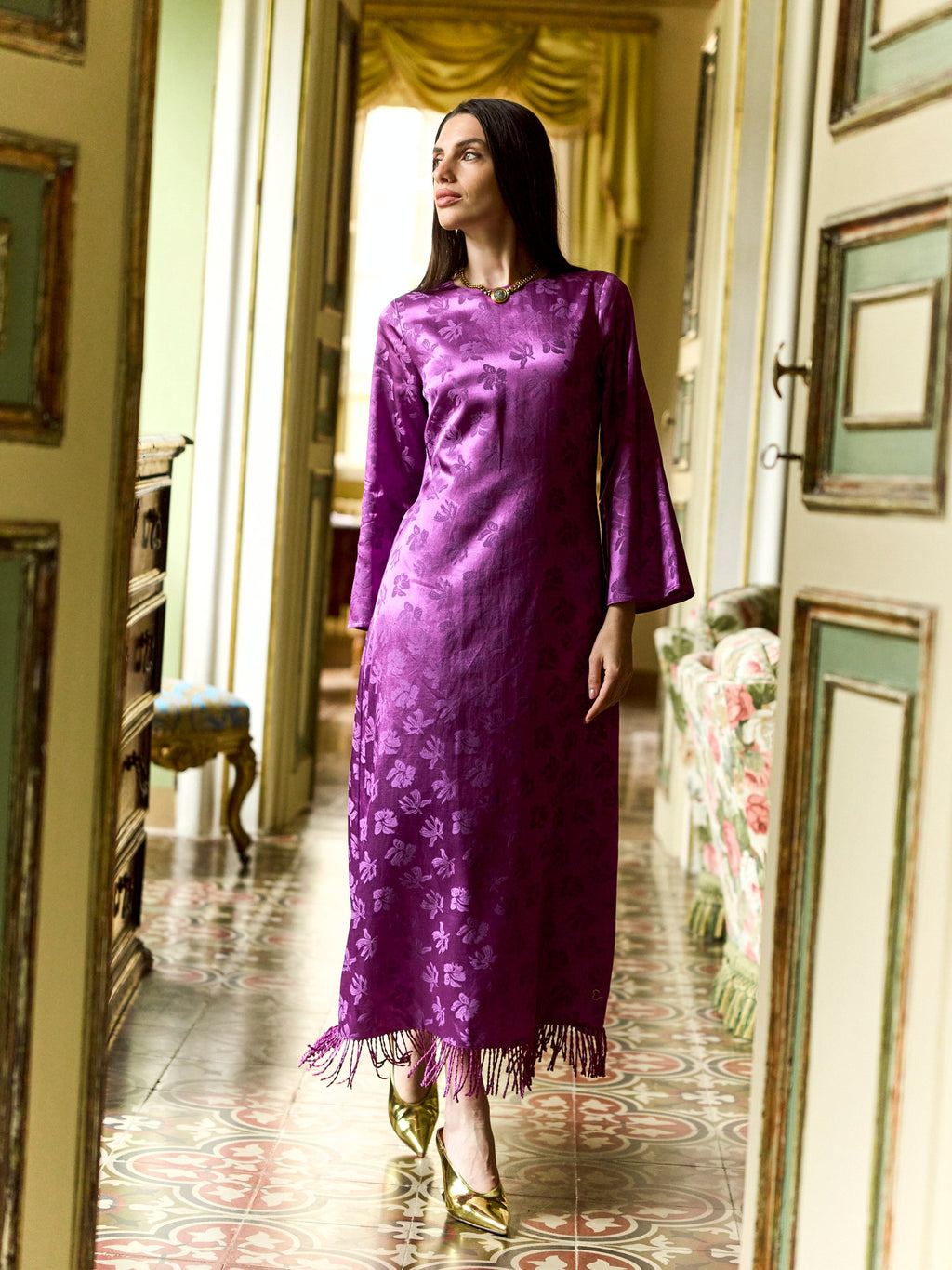 Ariana Dress in Plum Floral Jacquard