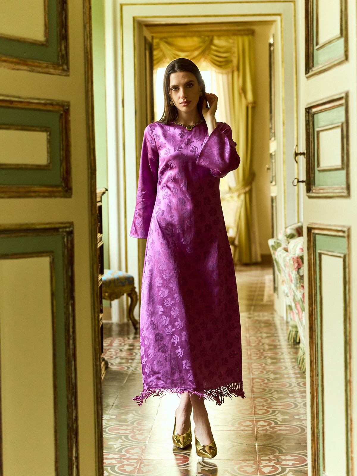 Ariana Dress in Plum Floral Jacquard