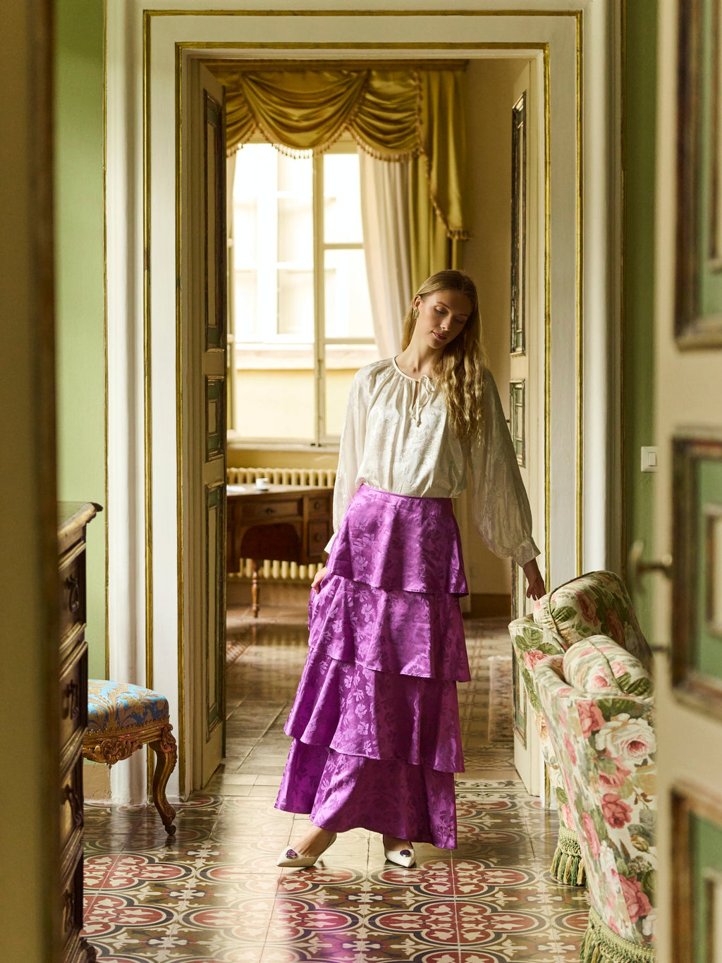 Brenda Skirt in Plum Floral Jacquard