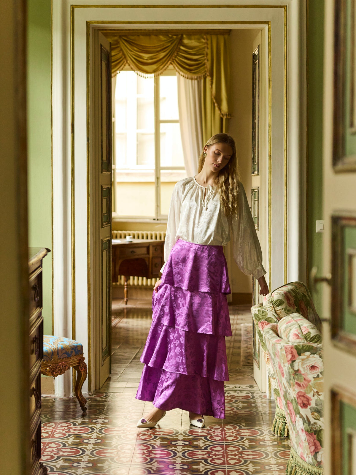 Brenda Skirt in Plum Floral Jacquard