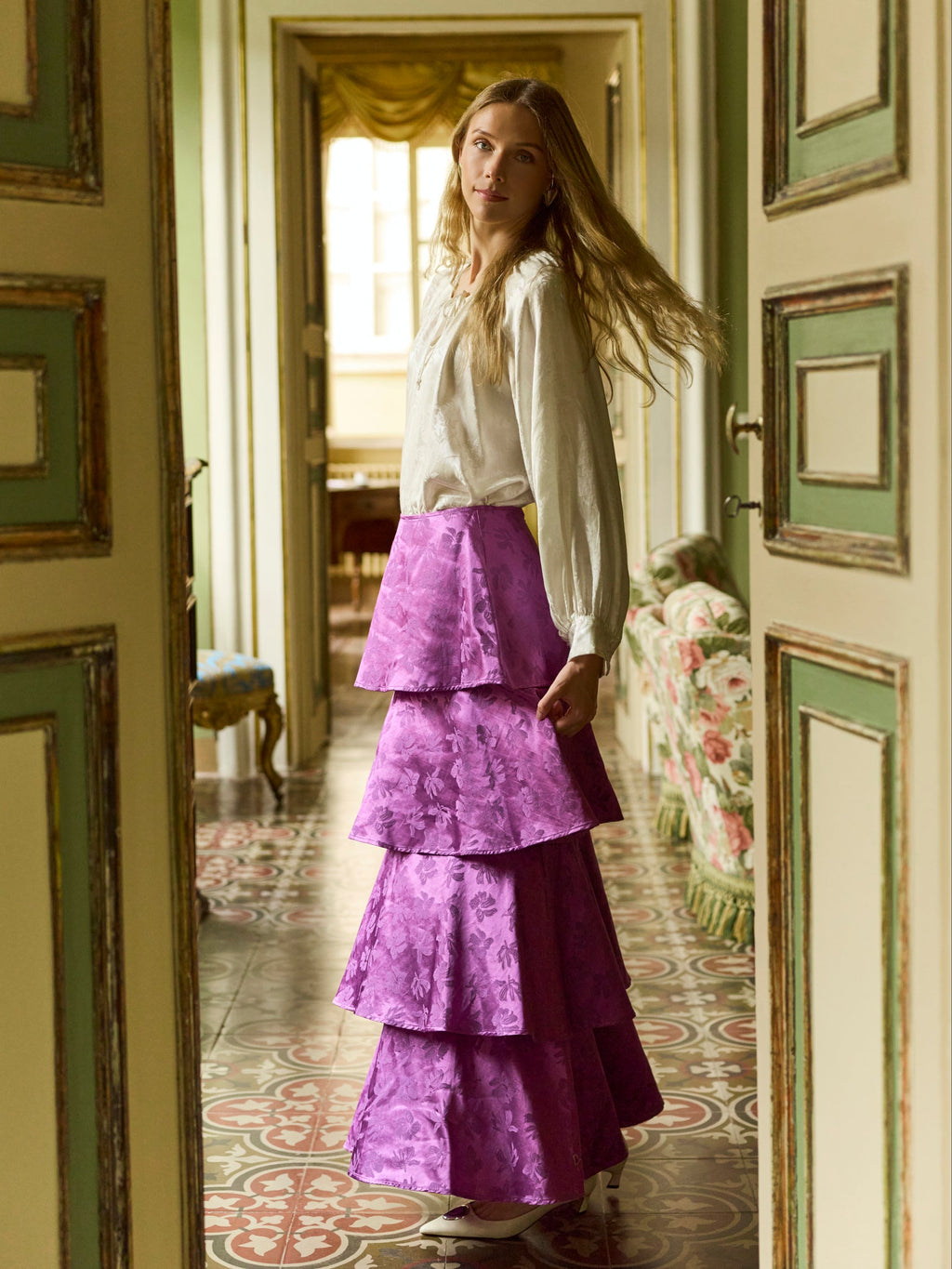 Brenda Skirt in Plum Floral Jacquard