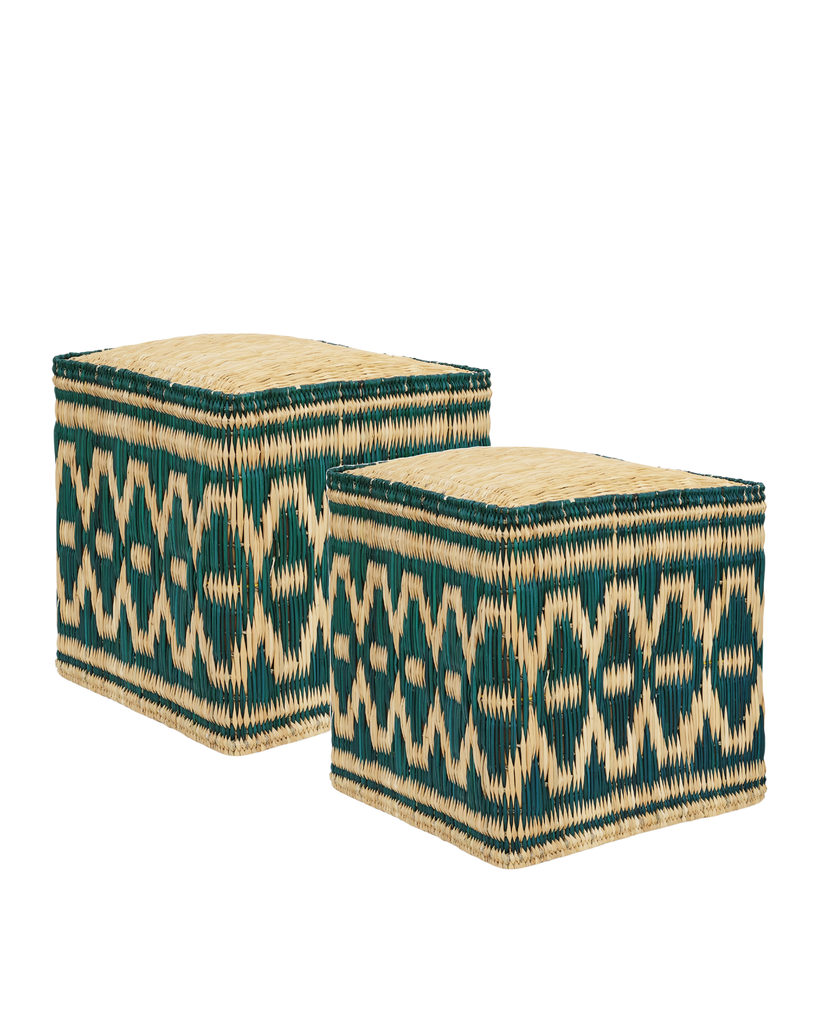 Wicker Stools in Green, Set of 2