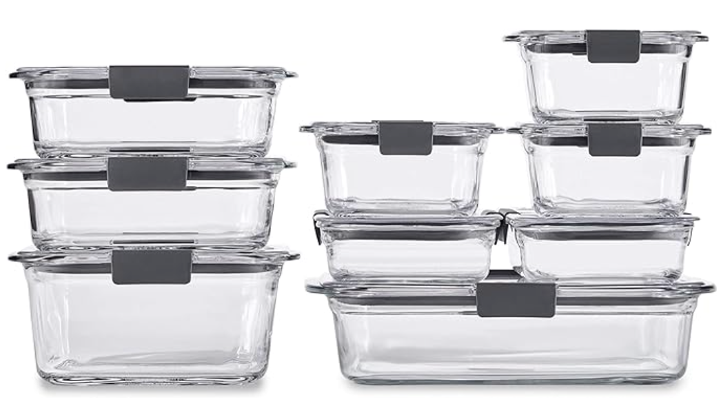 Brilliance Glass Storage Set of 9 Food Containers with Lids (18 Pieces Total), Set, Assorted, Clear