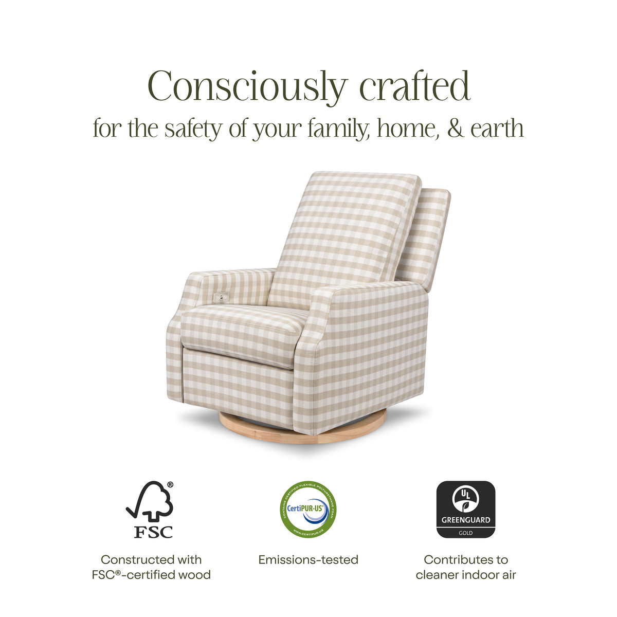 Crewe Electronic Recliner and Swivel Glider in Tan Gingham with Light Wood Base