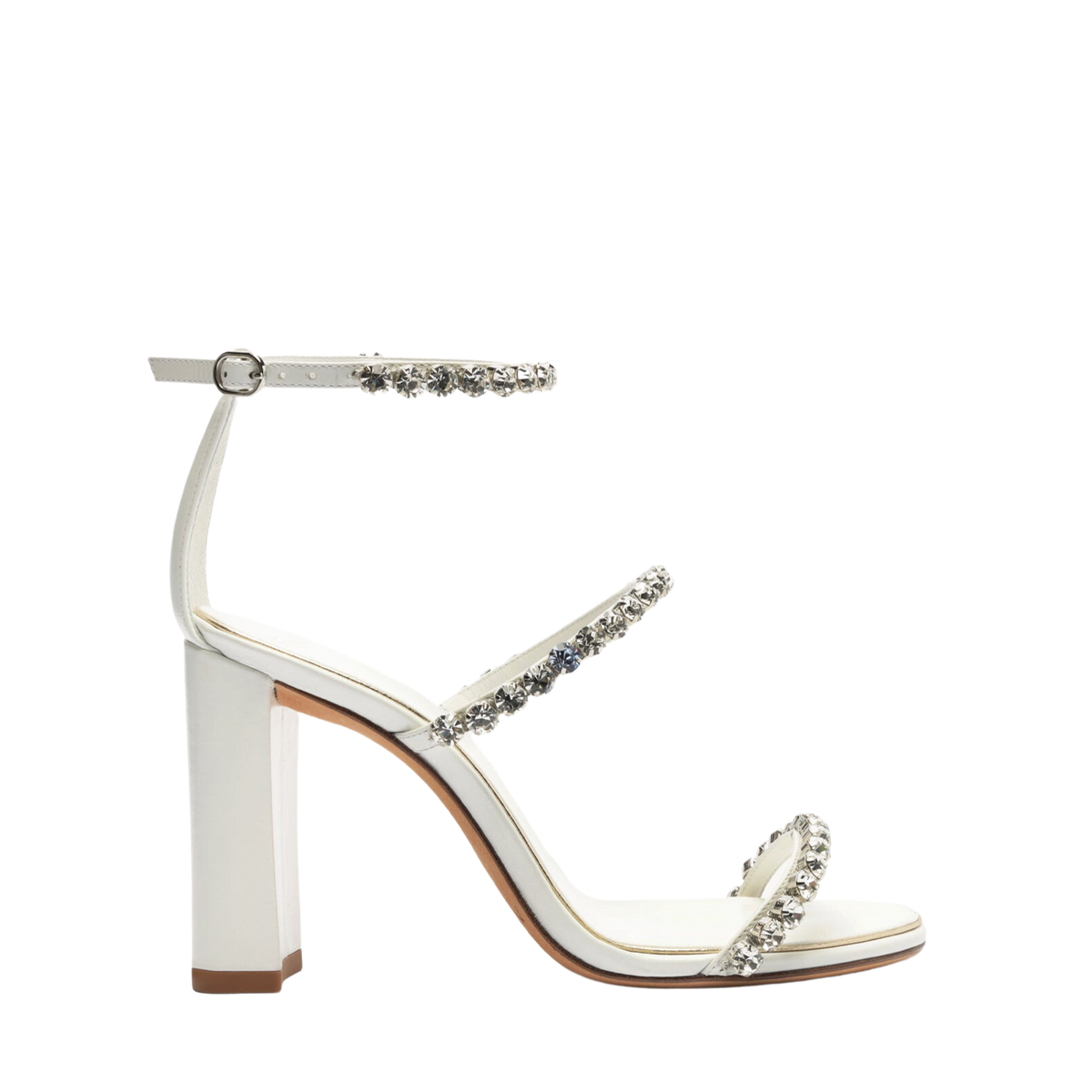 Side view of Alexa Bridal 90 in White and Crystal showcasing three rows of crystals on white nappa leather with black background
