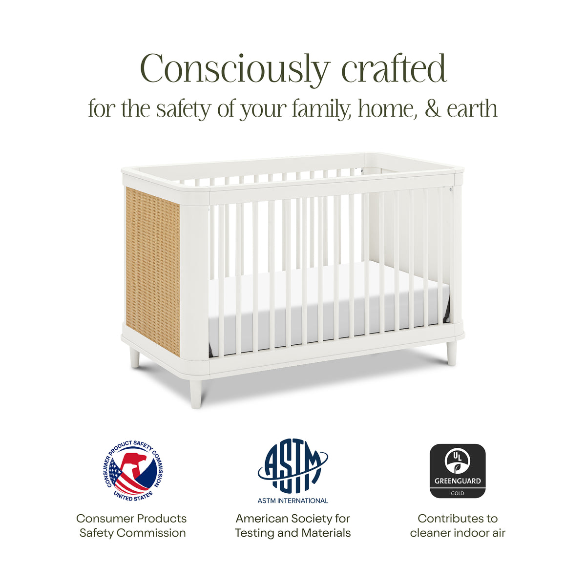 Marin with Cane 3-in-1 Convertible Crib in Warm White & Honey Cane