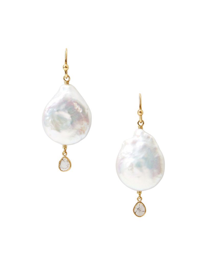 White Pearl and Diamond Teardrop Earrings