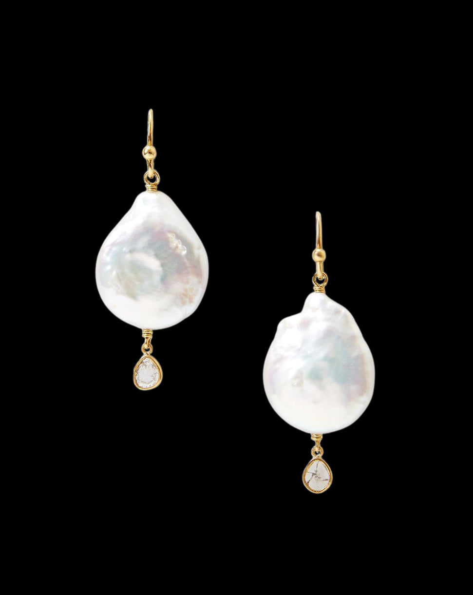 White Pearl and Diamond Teardrop Earrings