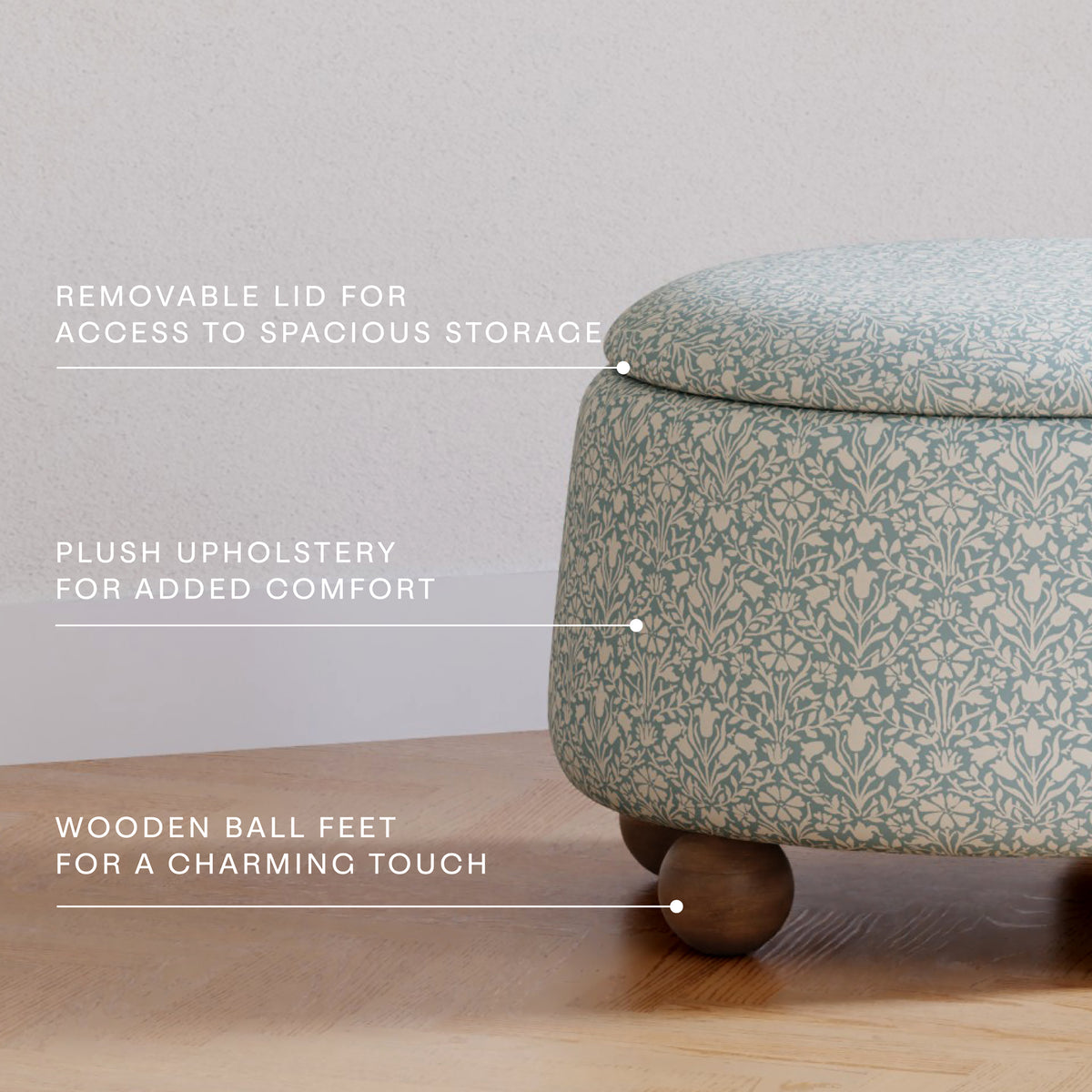 Morris & Co. x Namesake Tuffet Storage Ottoman Bellflowers in Powdered Blue