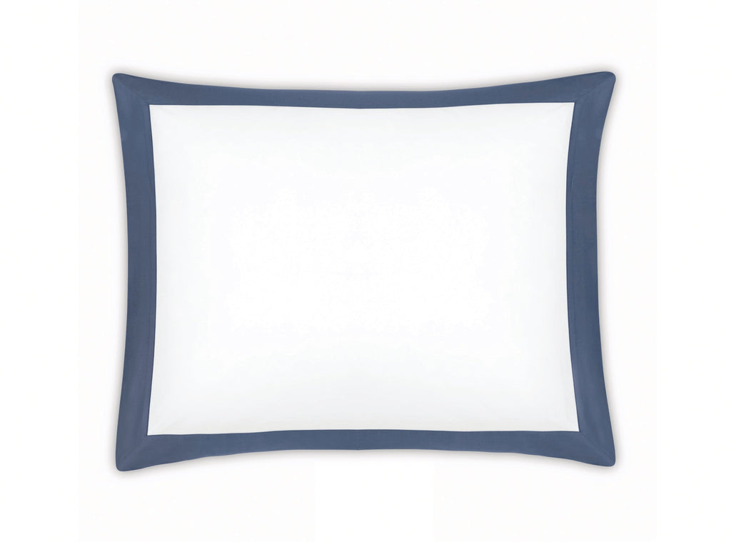 Top view of Emory Sham showcasing a steel blue tailored border on a white background