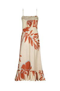 Madeira Linen Midi Dress in Ecru & Orange Gladiolos