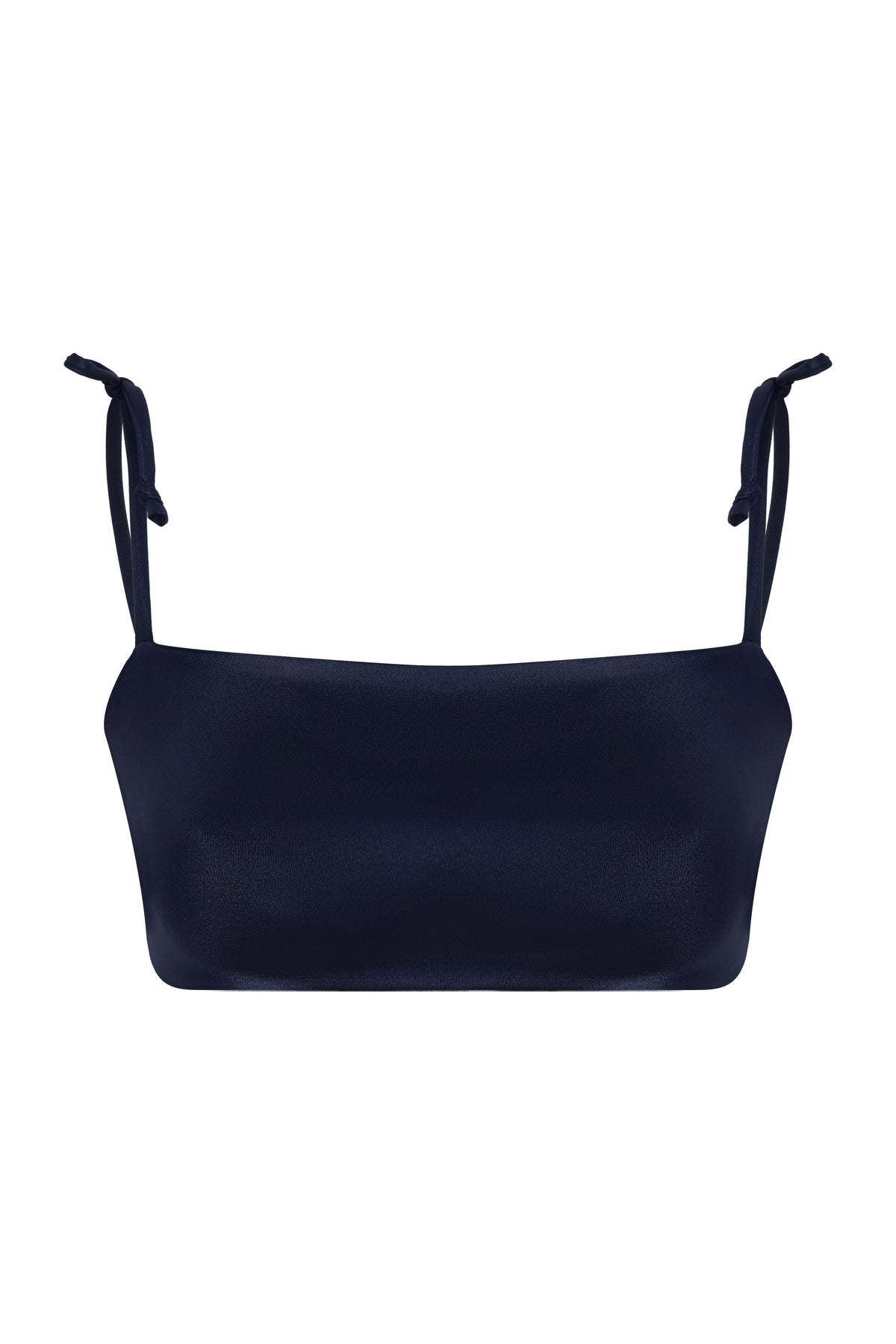 Front view of the San Miguel Bikini Top in Navy and Ivory showcasing adjustable tie straps on a white background