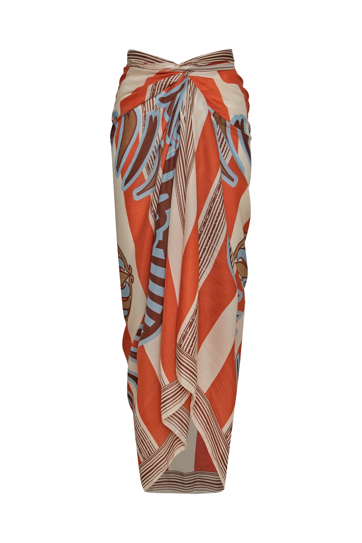 Front view of De La Falaise cotton silk sarong showcasing orange ornament stripes with a white background