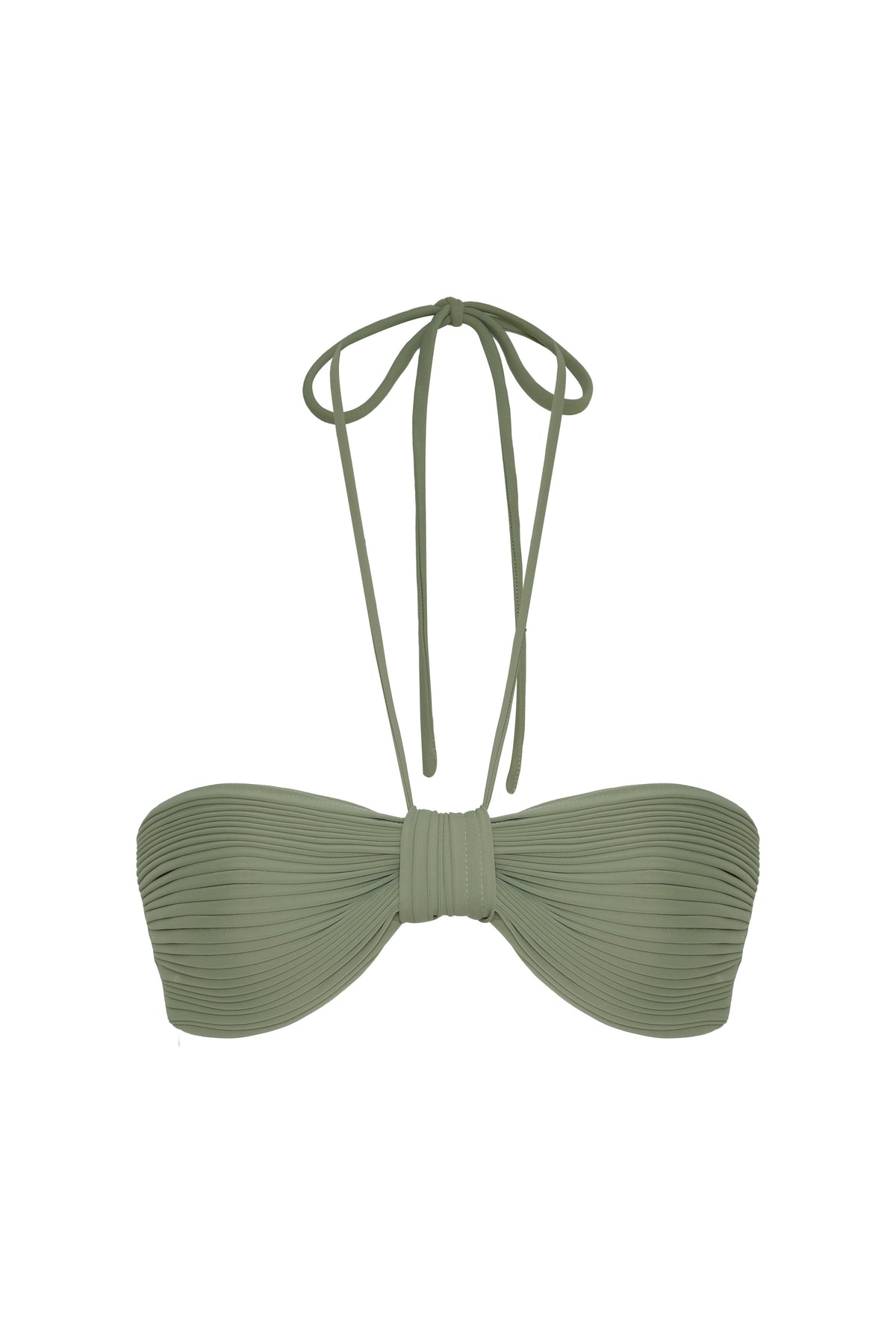 Front view of Tortuga Top in Sage showcasing ruched bandeau design and straps on white background