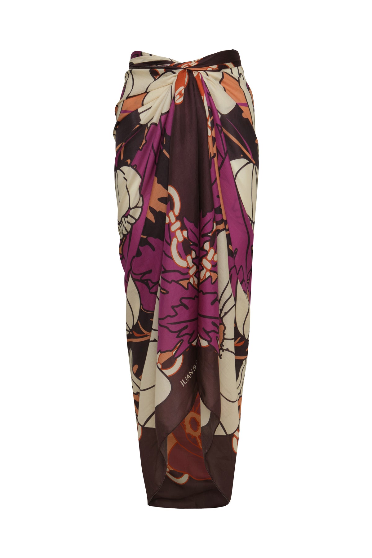 Front view of De La Falaise Cotton Silk Sarong showcasing an abstract purple, orange, cream, and brown pattern on white