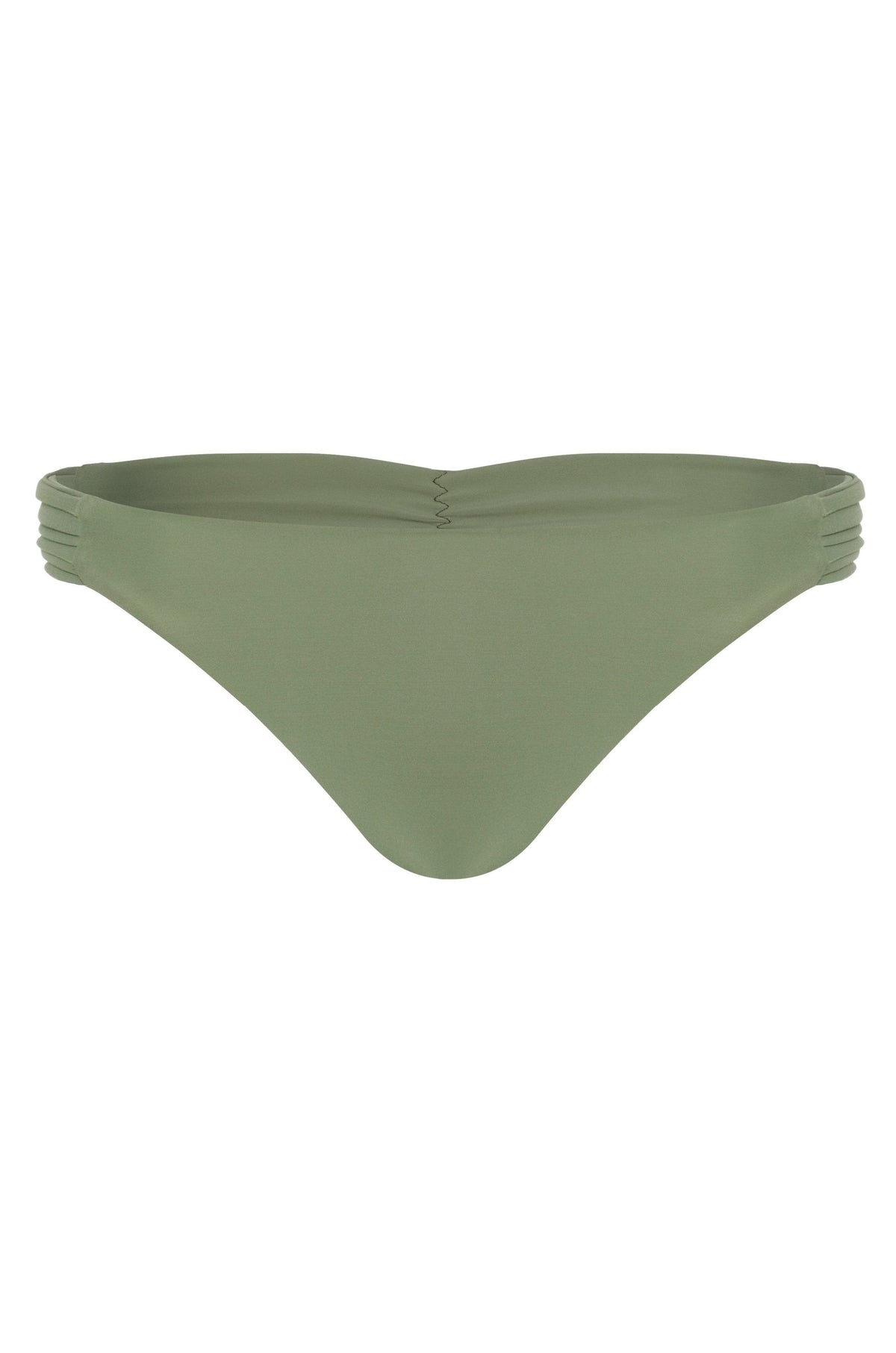Front view of Potosi Bikini Bottom in Sage showcasing intricate pleats and low-rise silhouette with a white background