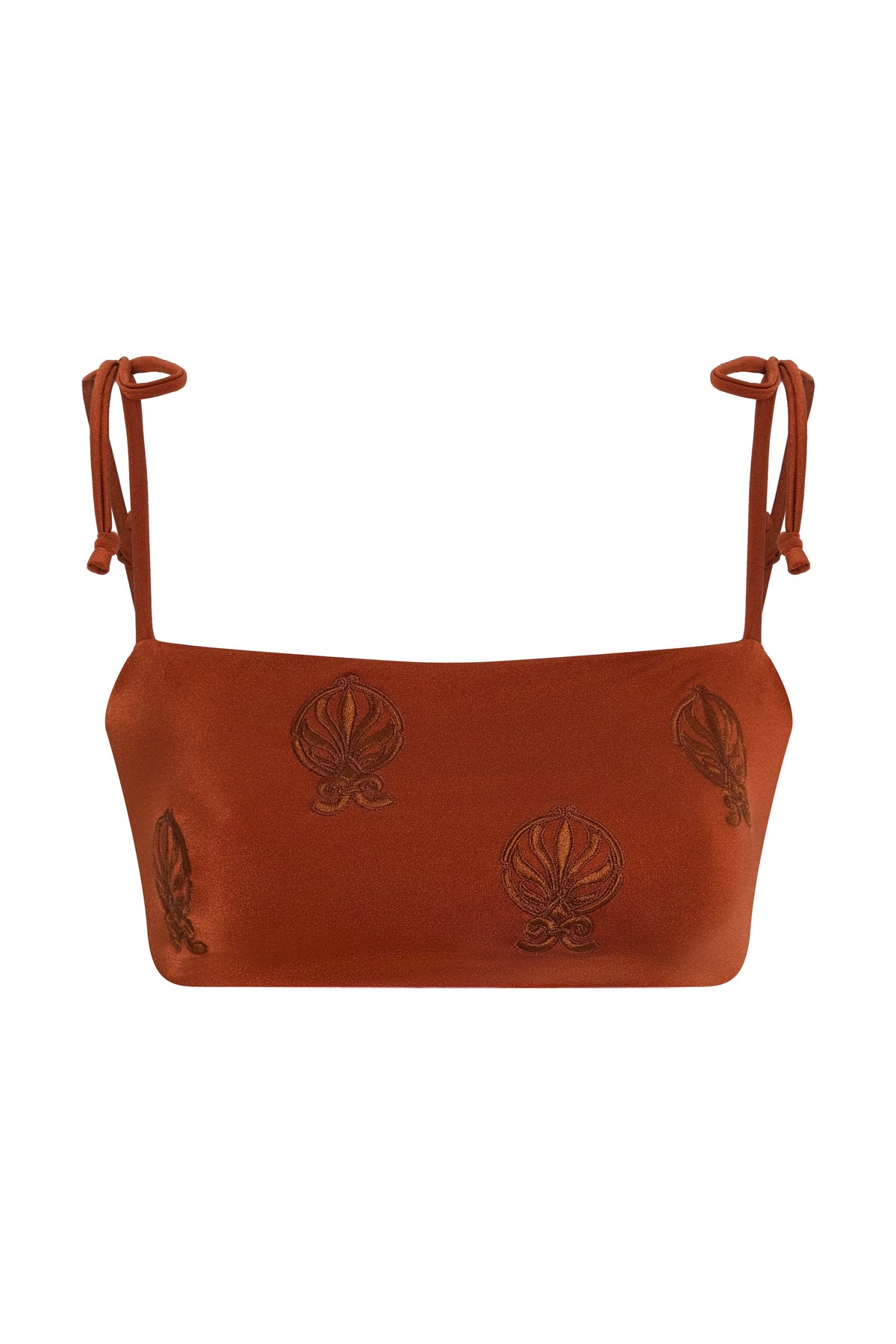 Front close-up of San Miguel Bikini Top in Dattero and Namibia showcasing embroidered leaf motifs and adjustable straps with a white background