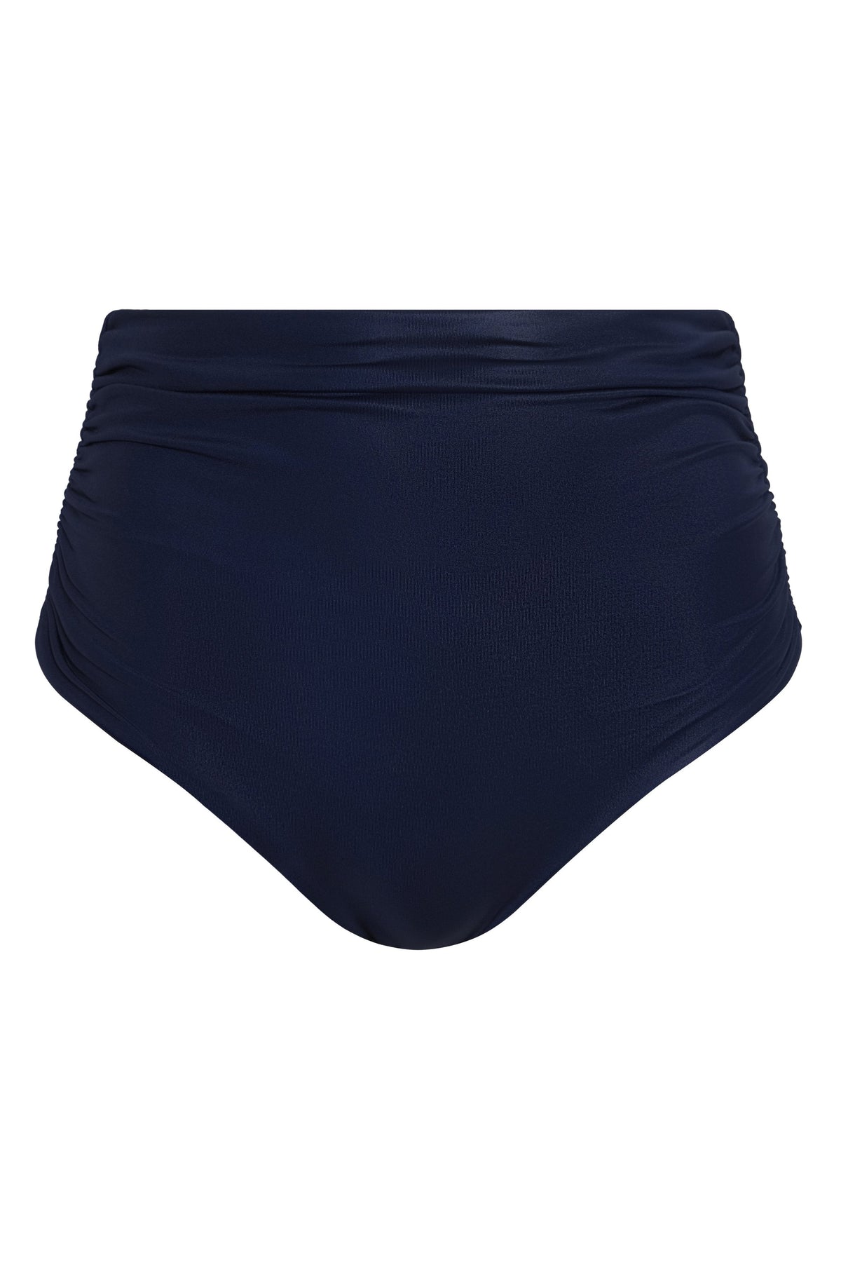 Front view of Victoria Vintage Hand Embroidered Bottom in navy showcasing ruched sides on a white background